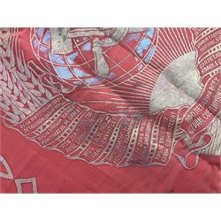 1970s Soviet banner printed in gold on a red ground, roughly translates as 'Transferable Banner - To the winner in the Socialist Competition' and 'Work Study Live by Communism' verso; wreath of wheat ears to either side; tassels on three sides 110 x 155cm