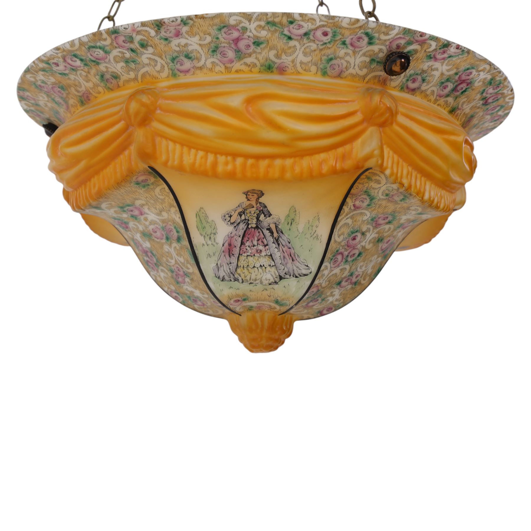  Early 20th century painted glass ceiling light fitting, the domed shade decorated with figural panels alternating with scrolling foliate and floral reserves, centred by a moulded knop finial, in amber and pastel tones
