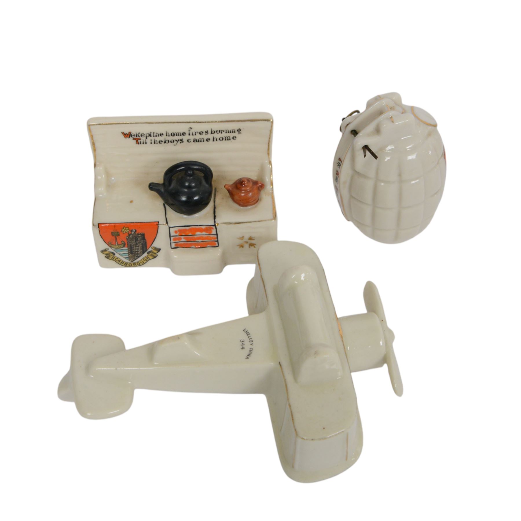 Scarborough Crested Ware including, tanks, a grenade, plane, canon, Scarborough castle, lobster pot, camera etc   
