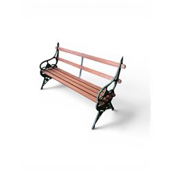 Coalbrookdale - Lily Pad design cast iron an wood slatted garden bench, late 19th century Aesthetic Movement, no. 217569, distressed green paint, iron centre support and seat stretcher, hardwood slatted