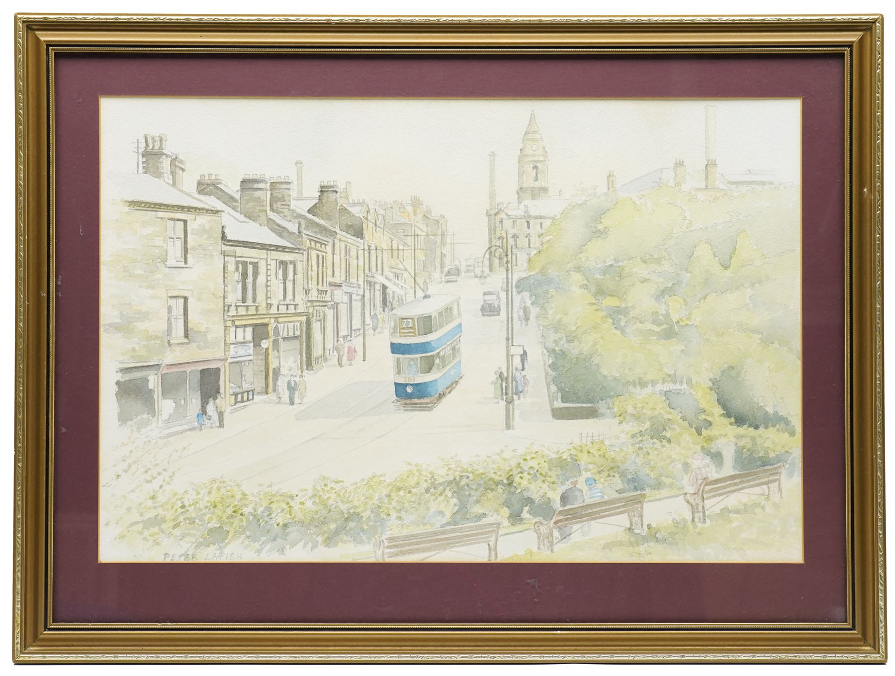 Peter Lapish (British 1937-): Tram on a Leeds Street, watercolour signed 35.5cm x 54cm