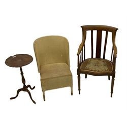 Two desk chairs, wicker chair, drop leaf table, standard lamp, wine table, cake stand, needlework table (8)