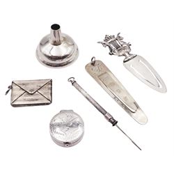 Group of small silver items, comprising 20th century stamp holder in the form of an envelope, marked Sterling Silver, 20th century page marker, marked Sterling 925, modern page marker, hallmarked Harrison Brothers & Howson Ltd, London 1997, small modern silver funnel, hallmarked Carr's of Sheffield Ltd, Sheffield, probably 2010, modern toothpick, hallmarked Birmingham 1988, makers mark HH&S, and small modern pill box, stamped 925, approximate total weight 1.07 ozt (33.4 grams)