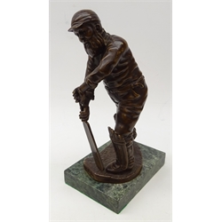 Bronze figure of W G Grace, playing a forward defensive cricket shot on rectangular marble plinth, signed W G Grace, H30cm   