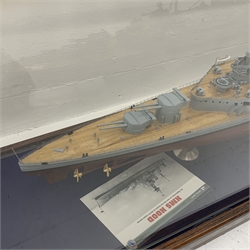 Early 21st century Atlas Editions large model of HMS Hood with paperwork L135cm, on oak base with leaded perspex cover L169cm H50cm D39cm