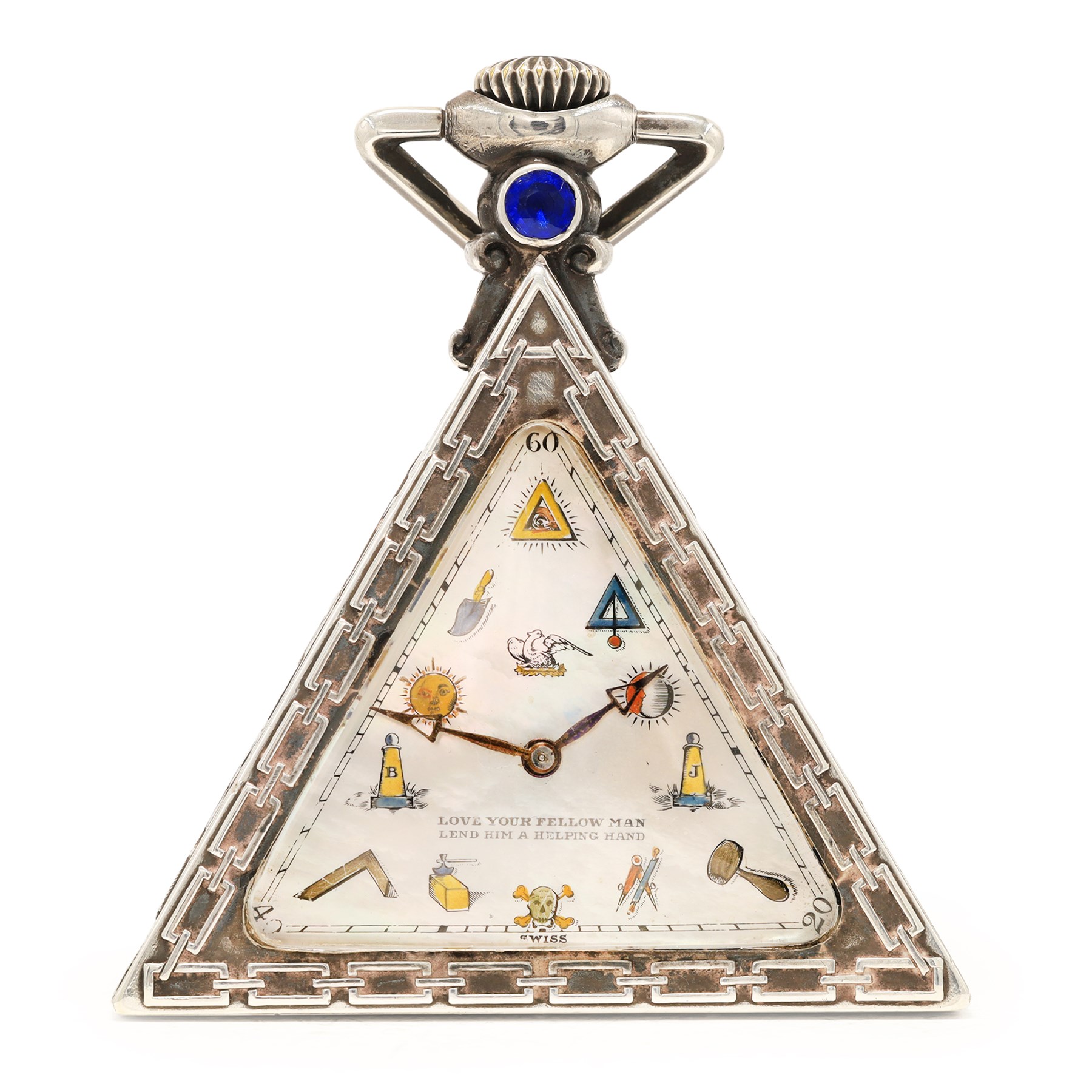 Early 20th century silver Masonic keyless lever pocket watch by G. Schwab-Loeillet, Genève, triangular mother of pearl dial with Masonic hour markers and inscribed 'Love Your Fellow Man, Lend Him A Helping Hand', the embossed case with a blue paste stone below the crown, Edinburg import mark 1923
