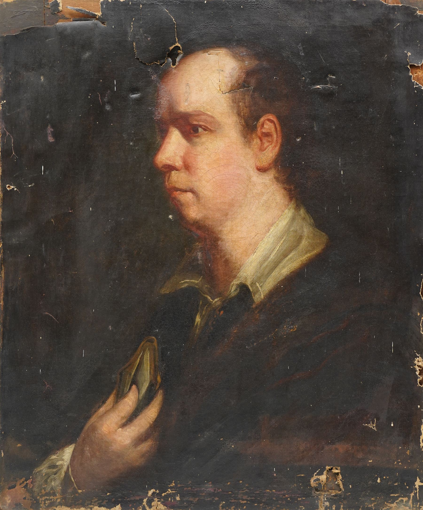 Circle of Sir Joshua Reynolds (British 1723-1792): 'Portrait of Oliver Goldsmith', late 18th to early 19th century oil on canvas inscribed 'Reynolds - Portrait of Oliver Goldsmith' on label verso 60cm x 50cm (unframed)