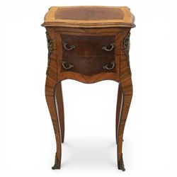 Louis XV style kingwood bedside chest, shaped and crossbanded top above two bombe drawers with cast brass handles, the sides applied with ormolu mounts, on slender cabriole legs terminating in metal sabots
