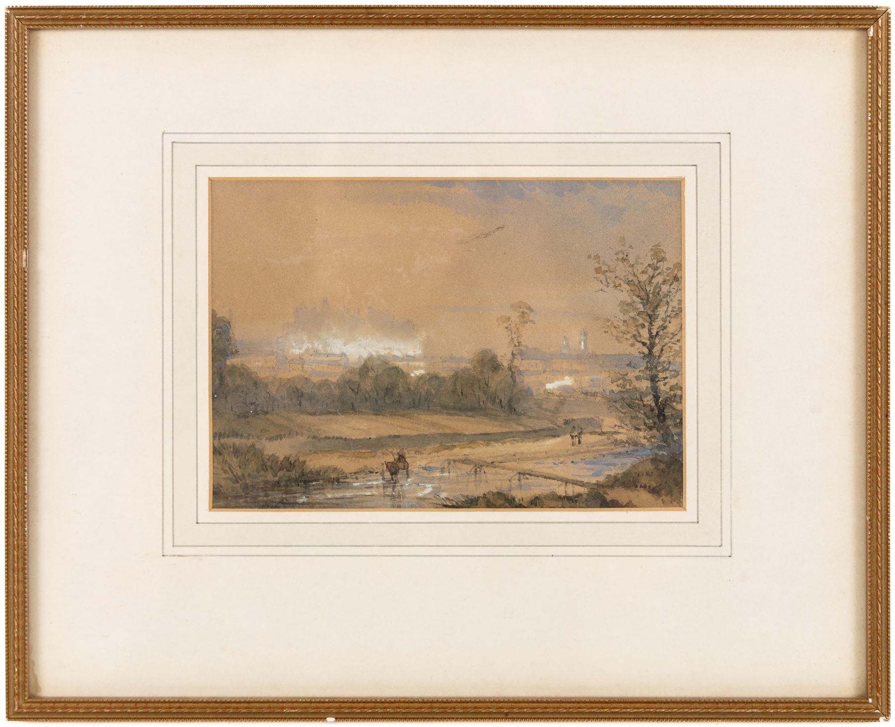Attrib. John R Prentice (Scottish fl. 1837-1875): River Landscape with Distant Buildings, watercolour heightened with white unsigned 11.5cm x 16.5cm