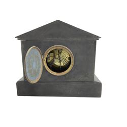 French - Belgium slate 8-day mantle clock c1900, break-front architectural style case with a gable pediment and twin recessed pilasters on a rectangular plinth, two part dial with an ivorine chapter and gilt centre, with Arabic numerals and steel fleur di Lis hands, Parisian movement striking the hours and half hours on a coiled gong. With pendulum. 