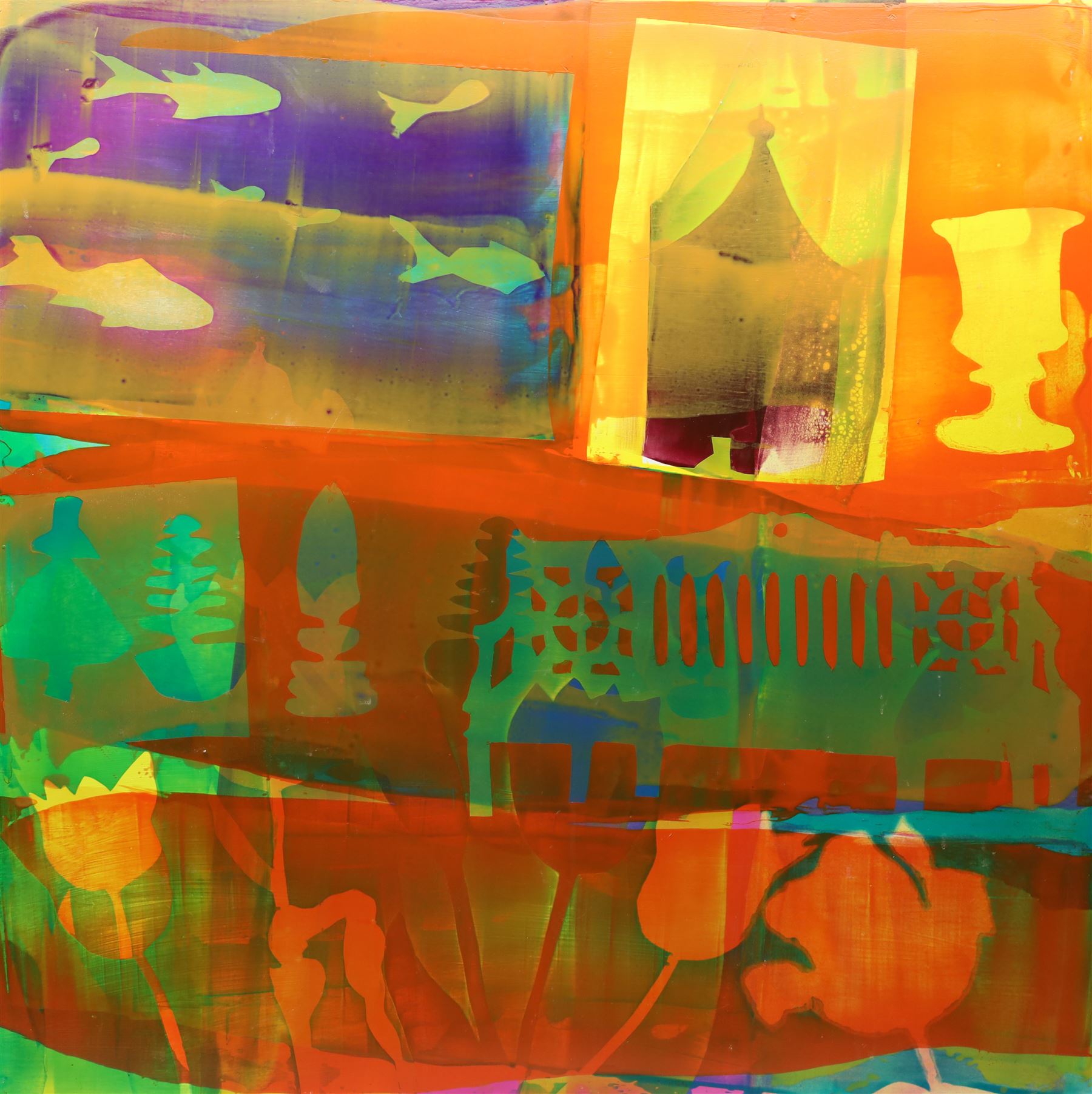 Gillian Ross Kelsey (British 1935-2025): 'Pisces', acrylic glaze on board, signed and titled verso 91cm x 91cm