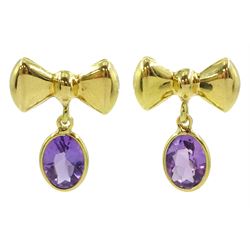 Pair of 18ct gold oval amethyst bow pendant stud earrings, stamped 750