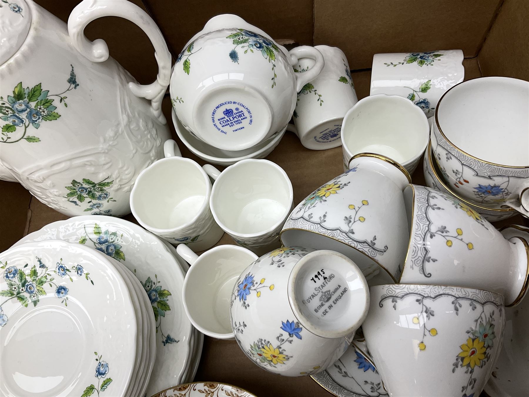 Coalport 'Tintern' pattern coffee service for six, Royal Stafford 'Rochester' teawares, Sutherland China 'Exotic' teawares, Royal Doulton 'Pastorale' cake plate, teacups and saucers etc