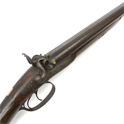 19th century 13-bore muzzle loading, percussion cap, side-by-side double barrel sporting gun by W. Needler Hull, the walnut stock with chequered grip and steel butt plate, engraved action, pineapple finials to fore-end, gold escutcheon, 74cm barrels with under barrel ramrod,  L116cm overall