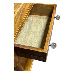 Barker and Stonehouse -  contemporary 'Flagstone' side table, rectangular crossbanded top with central diamond inlay, over single frieze drawer with faceted glass pulls, turned columns and undertier shelf, raised on bun feet