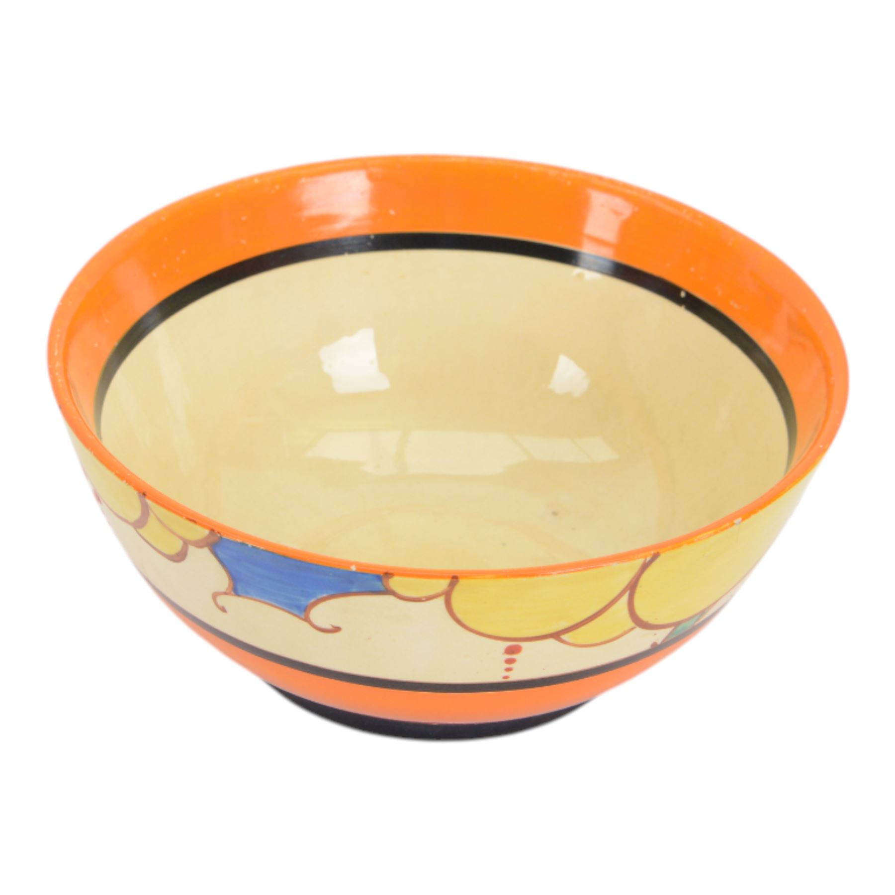 Clarice Cliff Fantasque Bizarre for Newport Pottery bowl, decorated in the Summerhouse pattern c.1931-1933, the exterior painted with stylised trees with yellow foliage and clouds bordered by black and orange bands, with black printed marks and impressed 1 1/2 beneath, D18.5cm