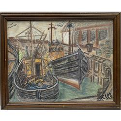R Dommes (French 20th century): Street scene, watercolour signed and dated 1949; Kim (British 20th century): Dock Scene, pastel signed and dated '62; Continental School (20th century): Harbour Scene, watercolour indistinctly signed max 26cm x 36cm (3)