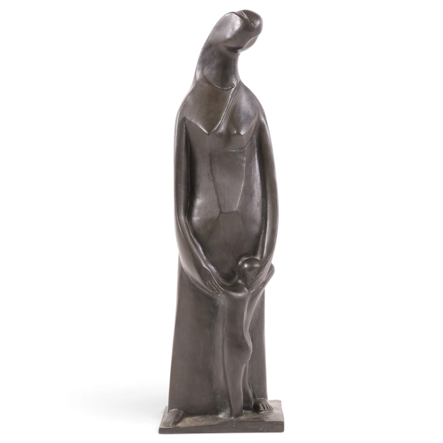 Modernist School (mid-20th century) - bronze cast sculpture depicting mother and child, signed lei and dated 1965, H50cm