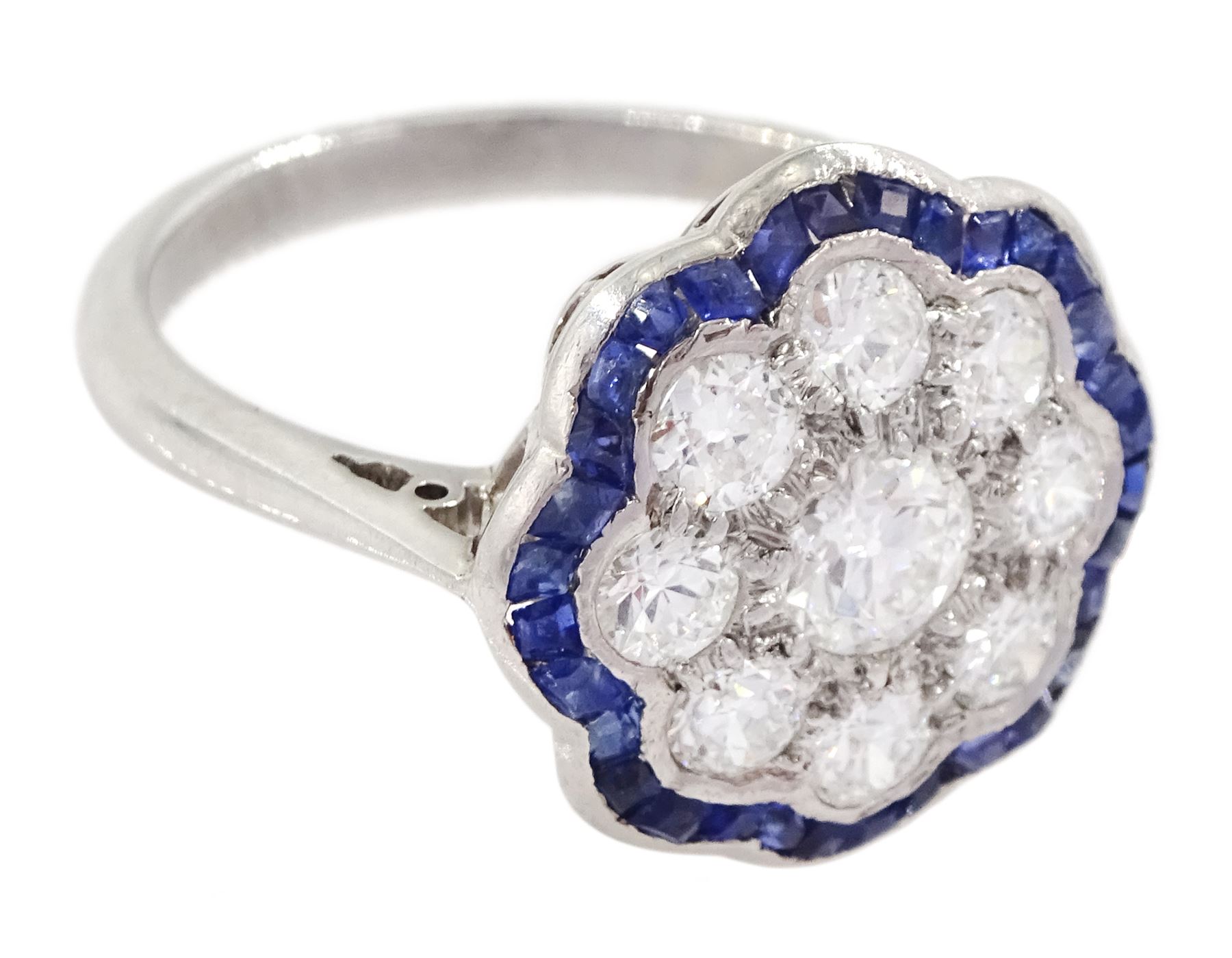 18ct white gold old cut diamond and calibre cut sapphire flower head cluster ring, total diamond weight approx 1.00 carat