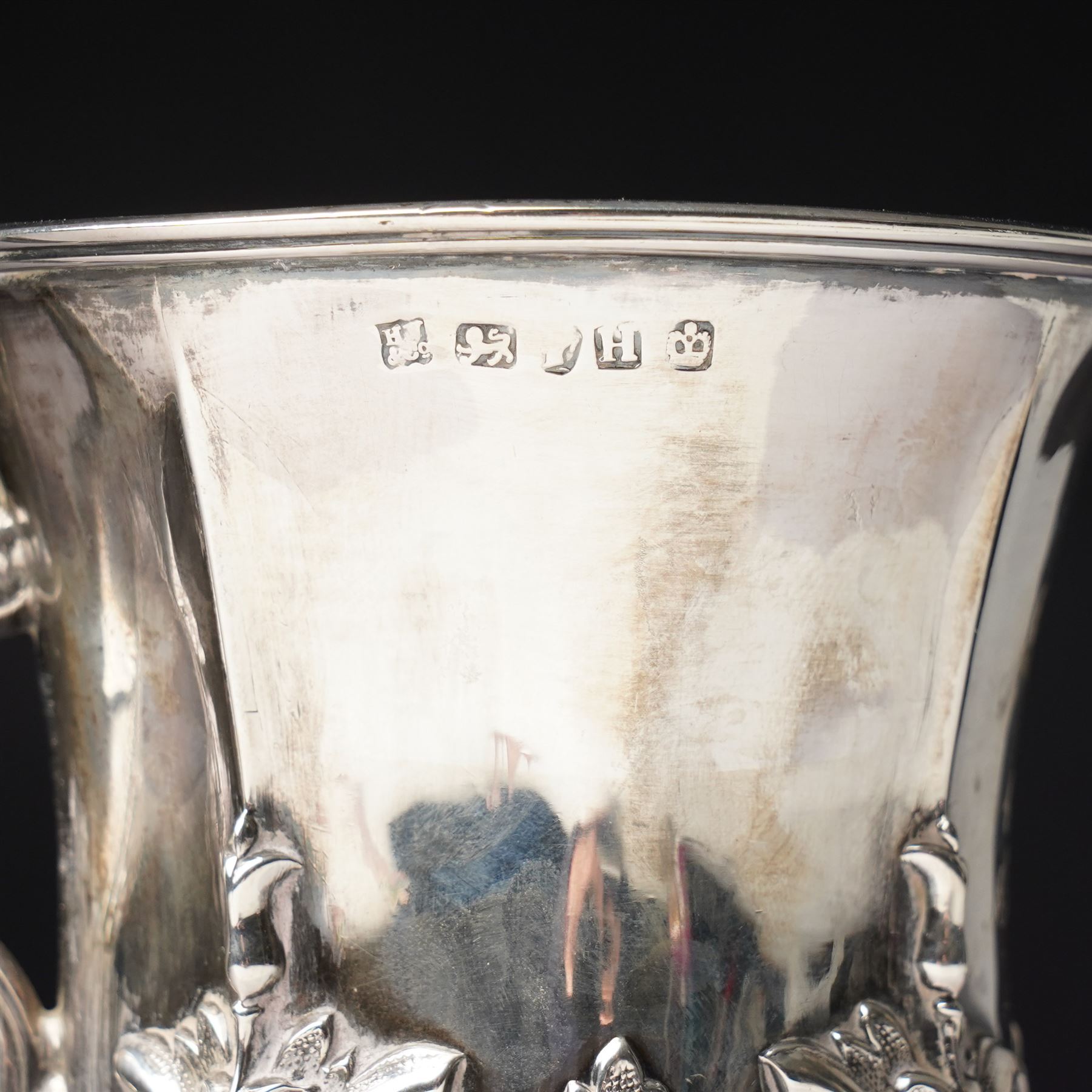Victorian silver cup with acanthus leaf decoration and scroll handle, H12cm with retailers mark of J Mayer, Liverpool Sheffield 1851Maker Henry Wilkinson & Co