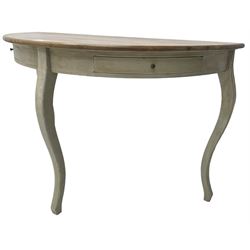 Painted oak demi-lune console table, stained oak top on painted base fitted with two drawers, on cabriole supports