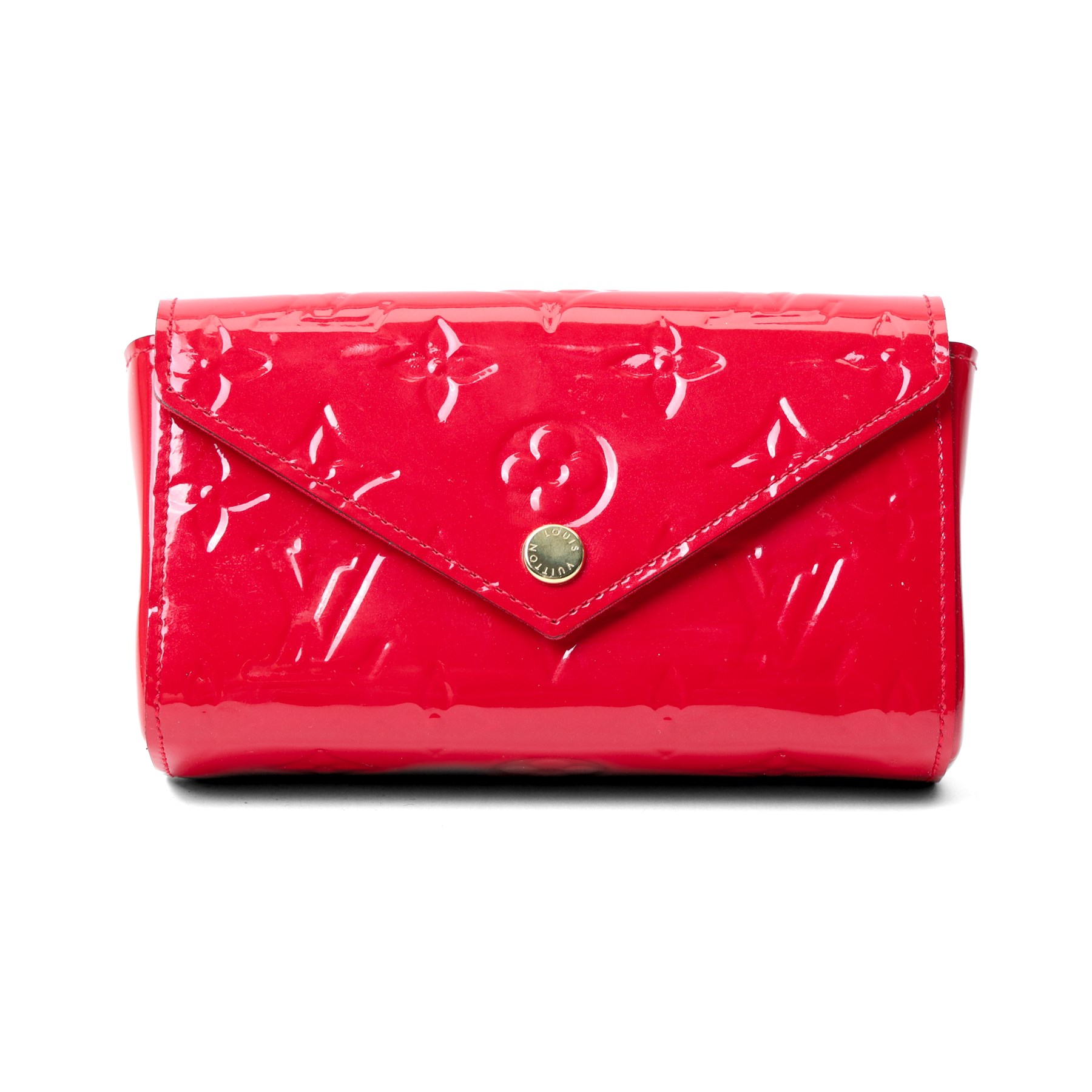Louis Vuitton - ‘Lucy’ pochette in Cerise red Monogram Vernis leather, the structured envelope-form body with gold-tone press-stud fastening, opening to a red fabric-lined interior with central zipped compartment and two gusseted open pockets, with care card, dust bag and box