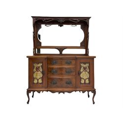 Late Victorian walnut mirror back dresser, projecting cornice over pierced scrolls and central leaf motif, shaped and bevelled sectional mirror back, break bow front fitted with three drawers and to cupboards, shaped apron and cabriole supports carved with foliage 