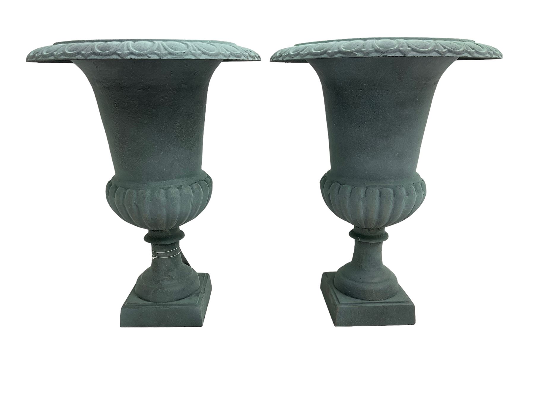 Pair of Victorian design teal painted cast iron campana shaped garden urns, egg and dart rim over a gadrooned underbelly, tapering column on square plinth base - THIS LOT IS TO BE COLLECTED BY APPOINTMENT FROM DUGGLEBY STORAGE, GREAT HILL, EASTFIELD, SCARBOROUGH, YO11 3TX