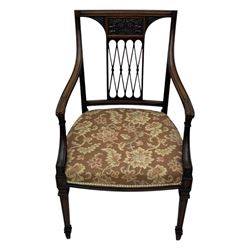 Late 19th century mahogany open armchair, lattice splat back, acanthus carved arm terminals, on square tapering supports with spade feet