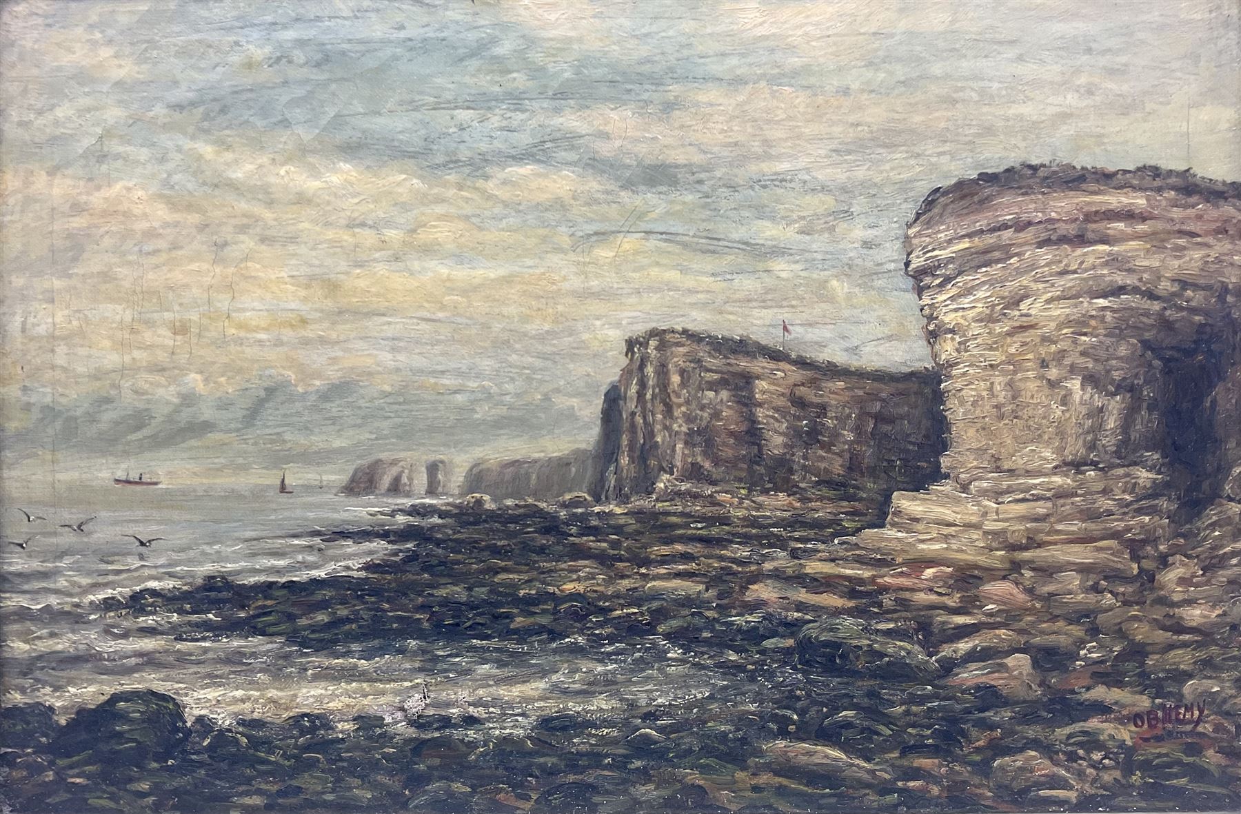 OB Hemy (19th century): Rocky Coastal Landscape, oil on canvas signed 35cm x 52cm