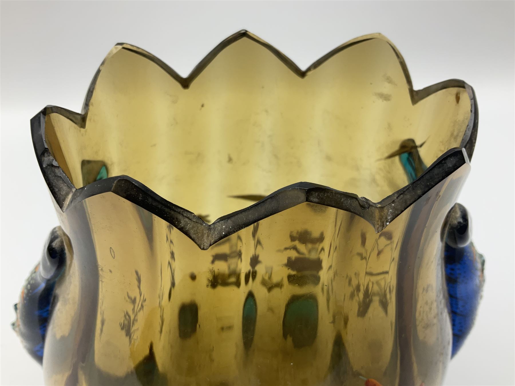 Pair of 19th century glass vases in the style of Auguste Jean, of bulbous form with lobed rim and applied blue glass zoomorphic handles, painted with enamel flowers, dragonflies and swans, upon four blue glass feet, H26cm