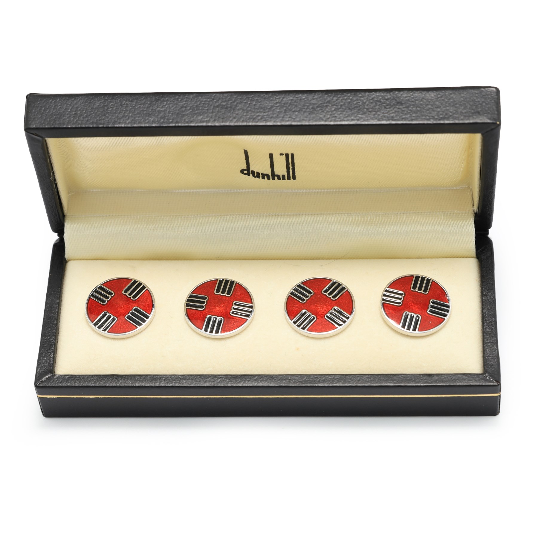 Set of four red and black enamelled silver cufflinks by Dunhill, London 1993