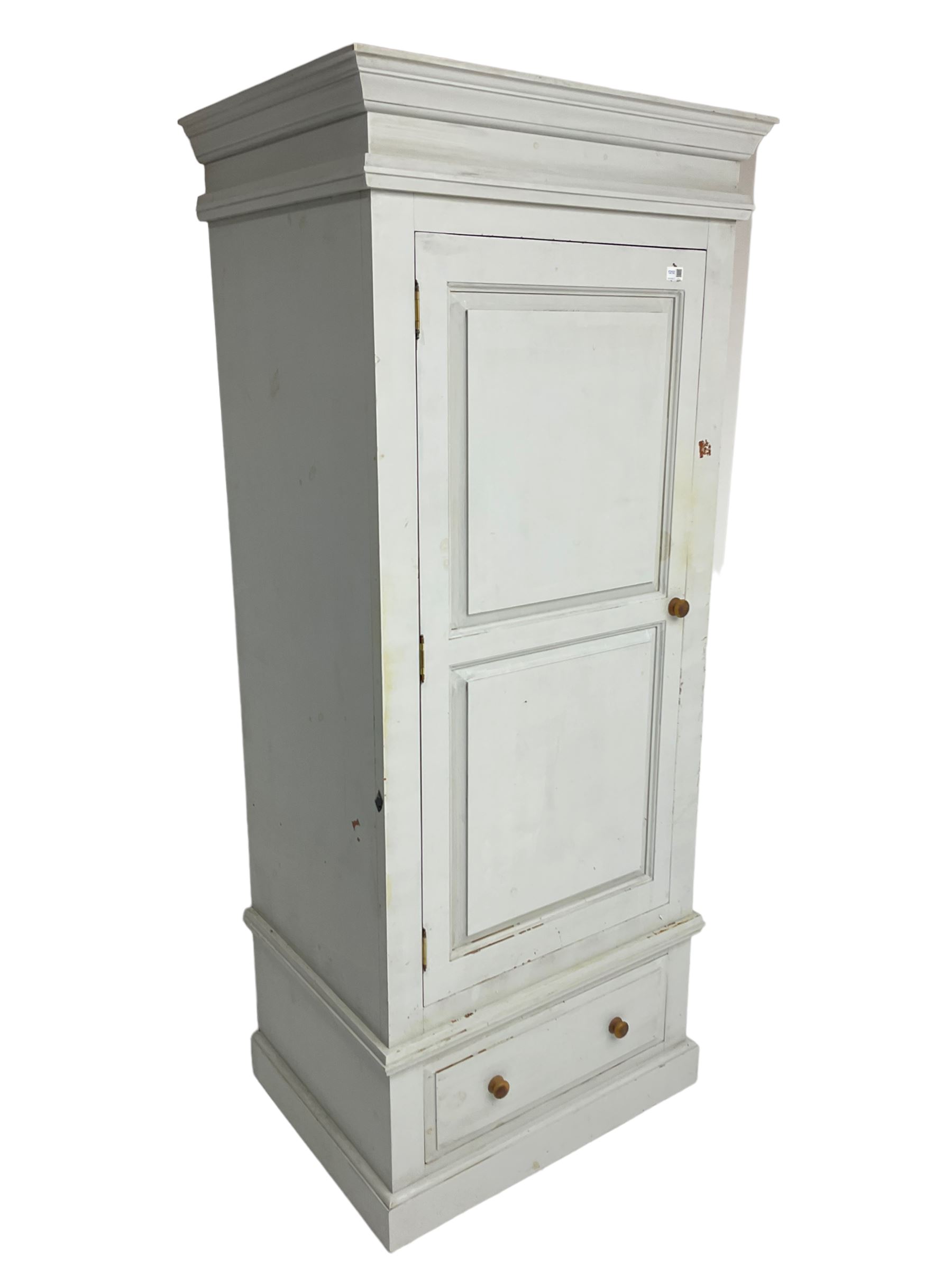 Painted pine single wardrobe, projecting cornice over panelled door, fitted with single drawer to base