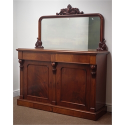  Victorian mahogany mirror back chiffonier, floral carved cresting rail, two drawers and two cupboard doors, plinth base, W137cm, H164cm, D50cm  