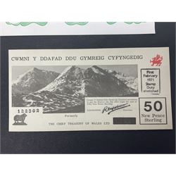 Six ‘The Welsh Black Sheep Company’ notes comprising Cardiff Castle ten pound, five pound, one pound, ten shillings, five shillings featuring modified Prince of Wales feather and fifty new pence note stamped ‘First February 1971 Stamp Duty abolished’, with both black and red cancellations, housed in plastic sleeves