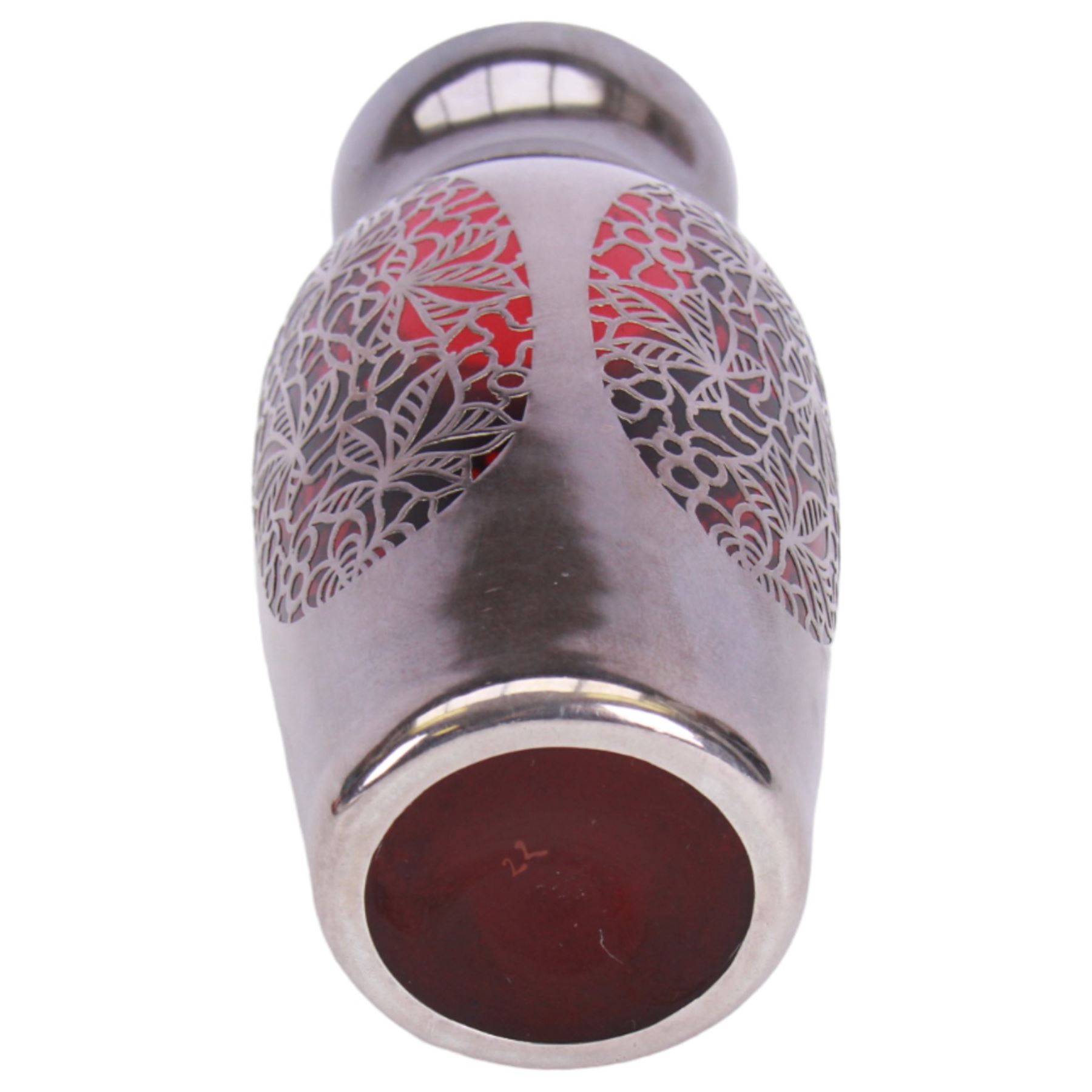20th century, Jean Beck and Friedrich Deusch, ruby red glass vase, decorated in silver overlay with panels of foliage detail, H15cm
