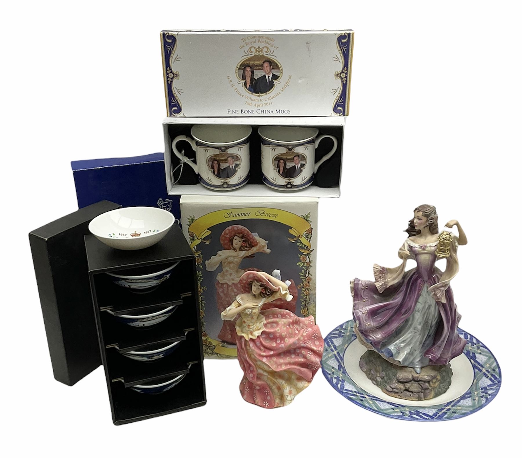 Franklin Mint figure Catherine from Wuthering Heights H29cm, together with a Leonardo figure Summer Breeze H21cm, with original box, a set of four japanese bowls, etc.    