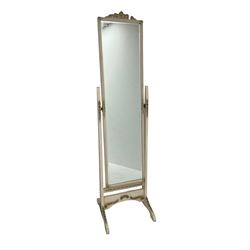 White painted cheval mirror, frame decorated with moulded gilt flowers, rectangular bevelled plate