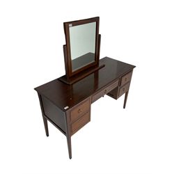Hardwood kneehole dressing table or desk, fitted with five drawers, on square tapering supports, with swing mirror