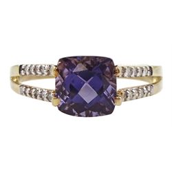 9ct gold single stone cushion cut amethyst ring, with diamond set shoulders, hallmarked
