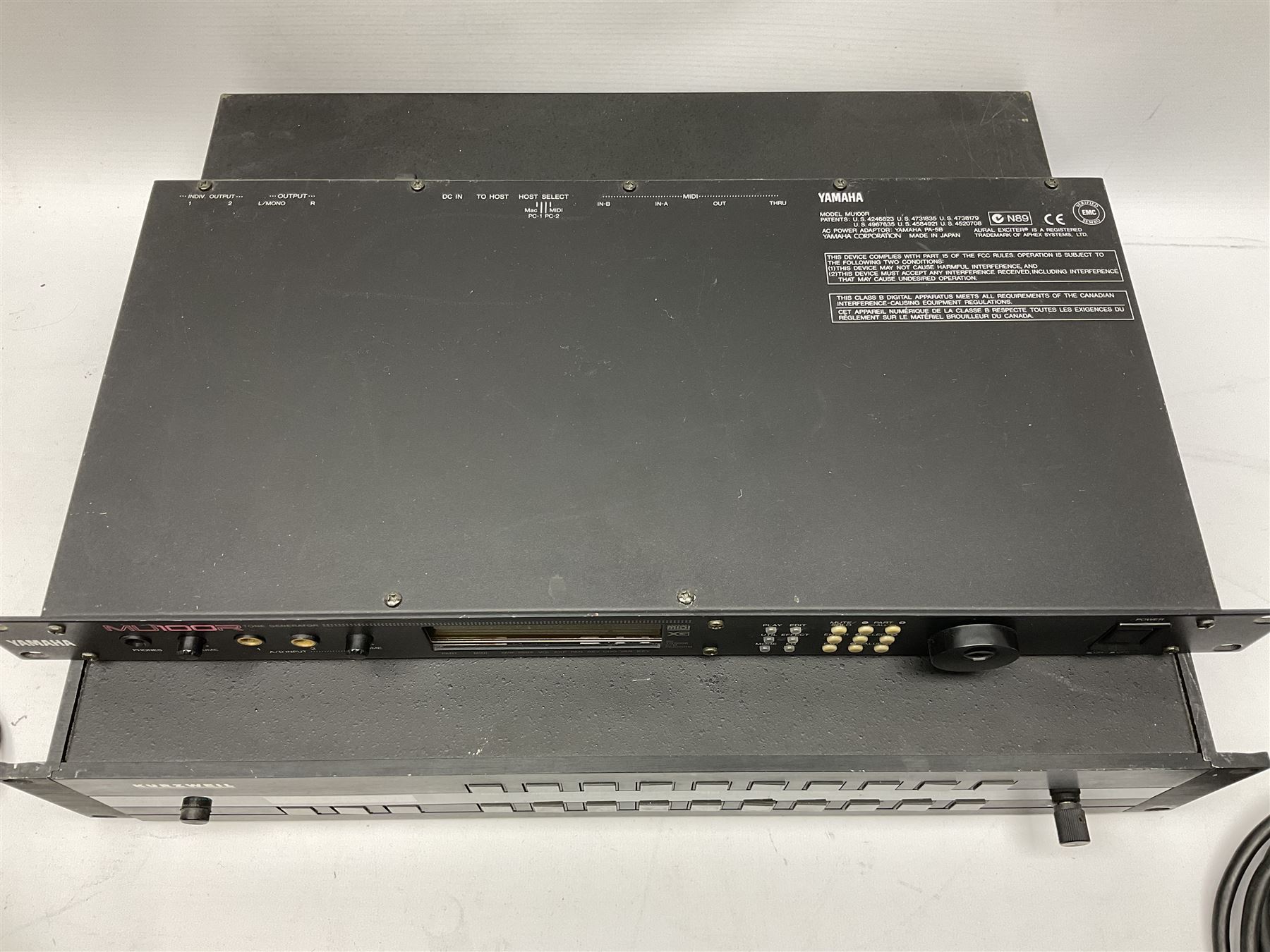 Kurzweil Ensemble Expander model 1000EX serial no.88070661; and Yamaha MU100R tone generator serial no.NP01899; both with leads (2)