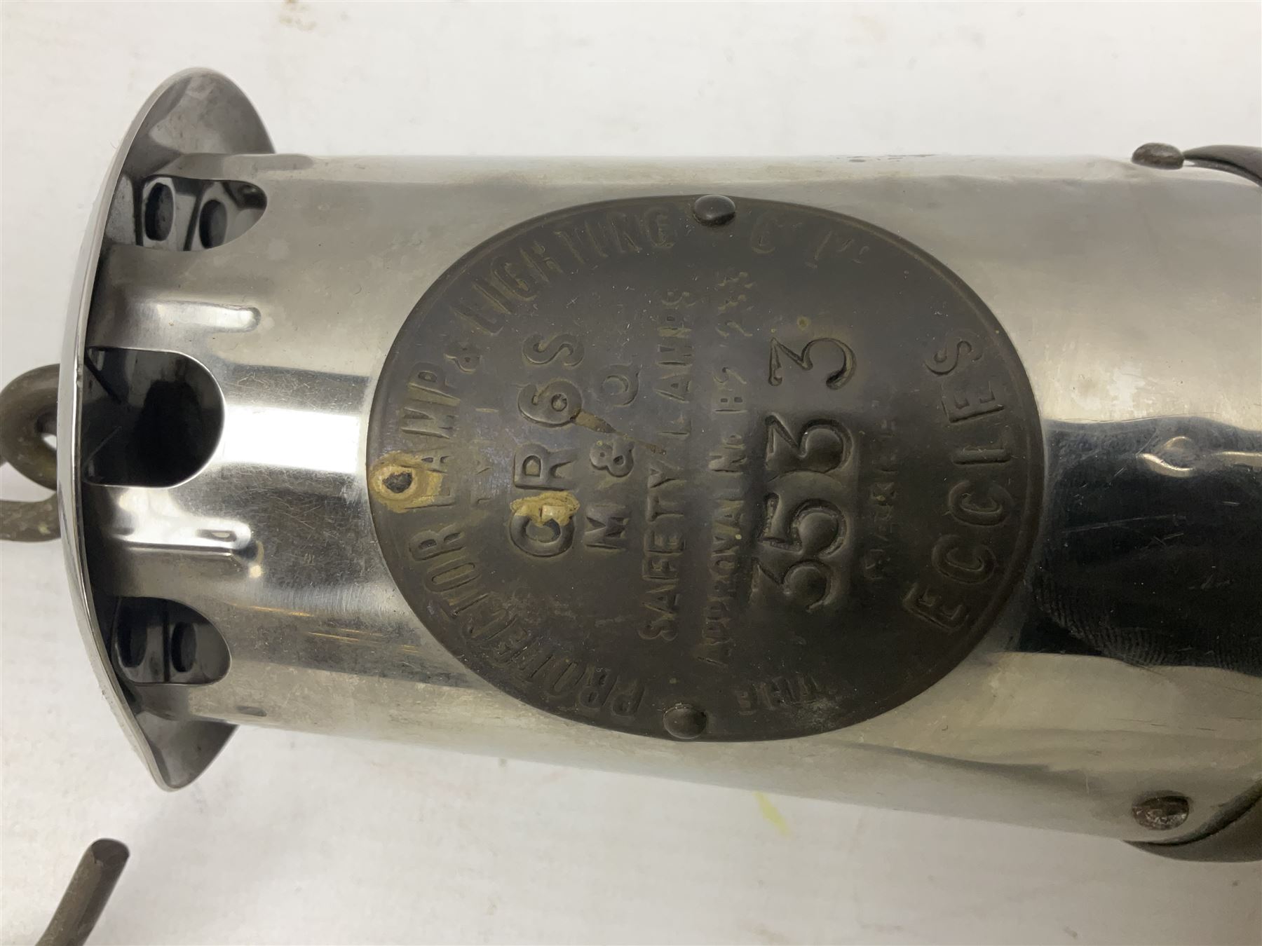 Miners Lamp The Protector, Eccles no 3533, with engraved plaque, H26cm