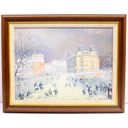 After Alan Stuttle (British 1939-): Snowball Fight on Spa Bridge 'Scarborough', colour print on canvas signed titled and dated 2014 in pencil verso 29cm x 39cm, and a colour print after Atkinson Grimshaw 39cm x 59cm (2)