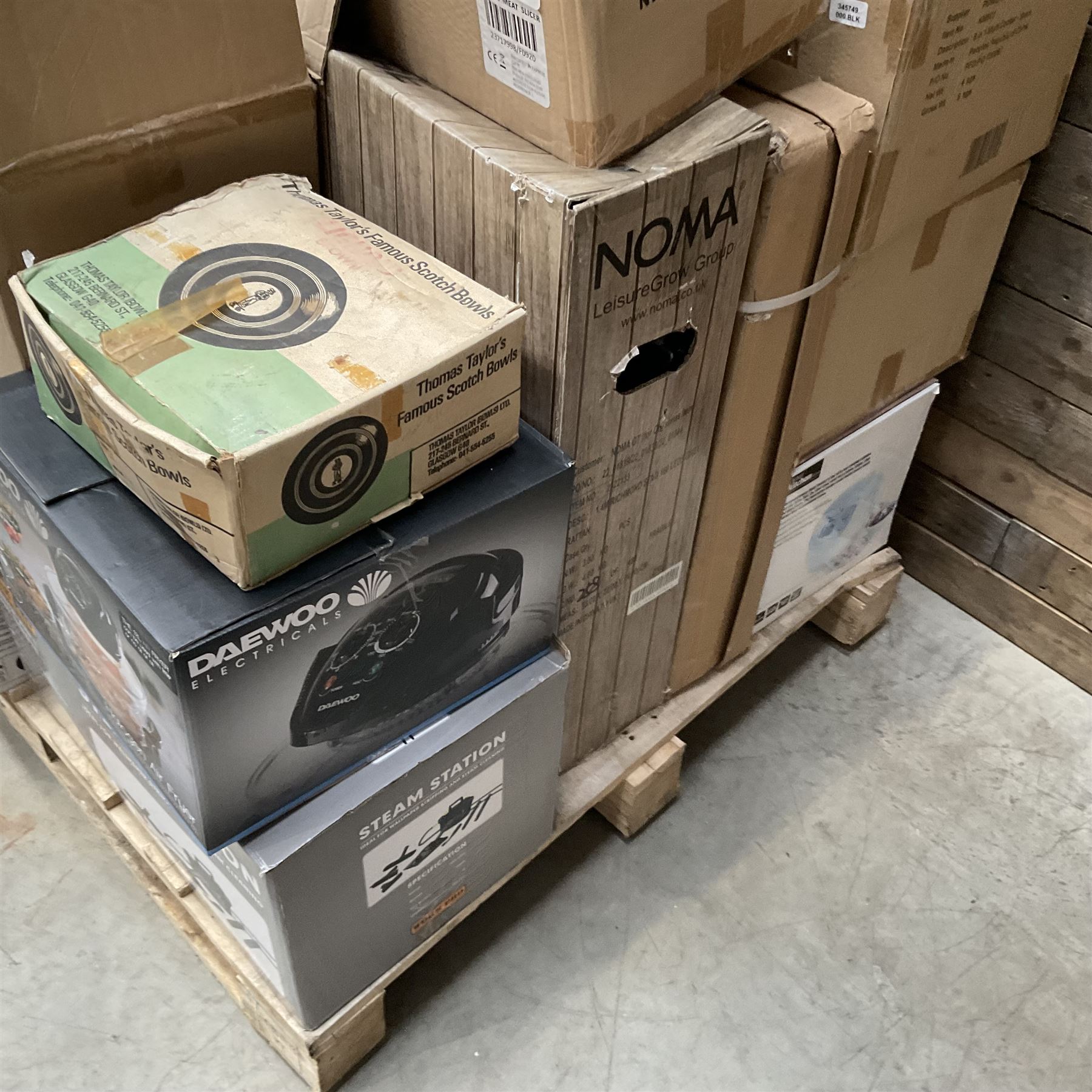 Collection of boxed items including a Flymo Micro Lite lawn mower, HP printer, Daewoo Halogen Air Fryer, an oil filled radiator etc