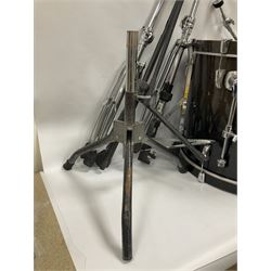 Pearl Vision SST Birch Ply shell four-piece drum kit in black comprising bass drum with foot pedal and three graduated toms; together with Pearl Custom Alloy Sensitone steel snare drum, drum and cymbal stands, microphone stand, stool and various drum sticks 