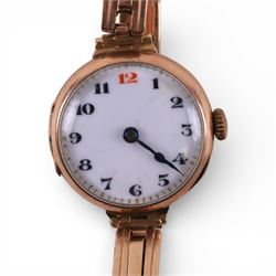 Early 20th century 9ct rose gold manual wind wristwatch, hallmarked,  on rose gold expanding bracelet, stamped 9ct