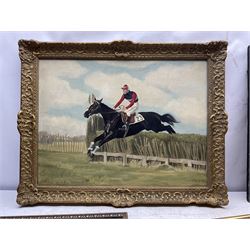 Dale (British 20th century): Horseback - Clearing a Fence, oil on canvas signed 45cm x 60cm