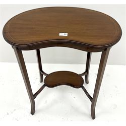 Edwardian inlaid mahogany kidney shaped occasional table, square tapering supports joined by undertier