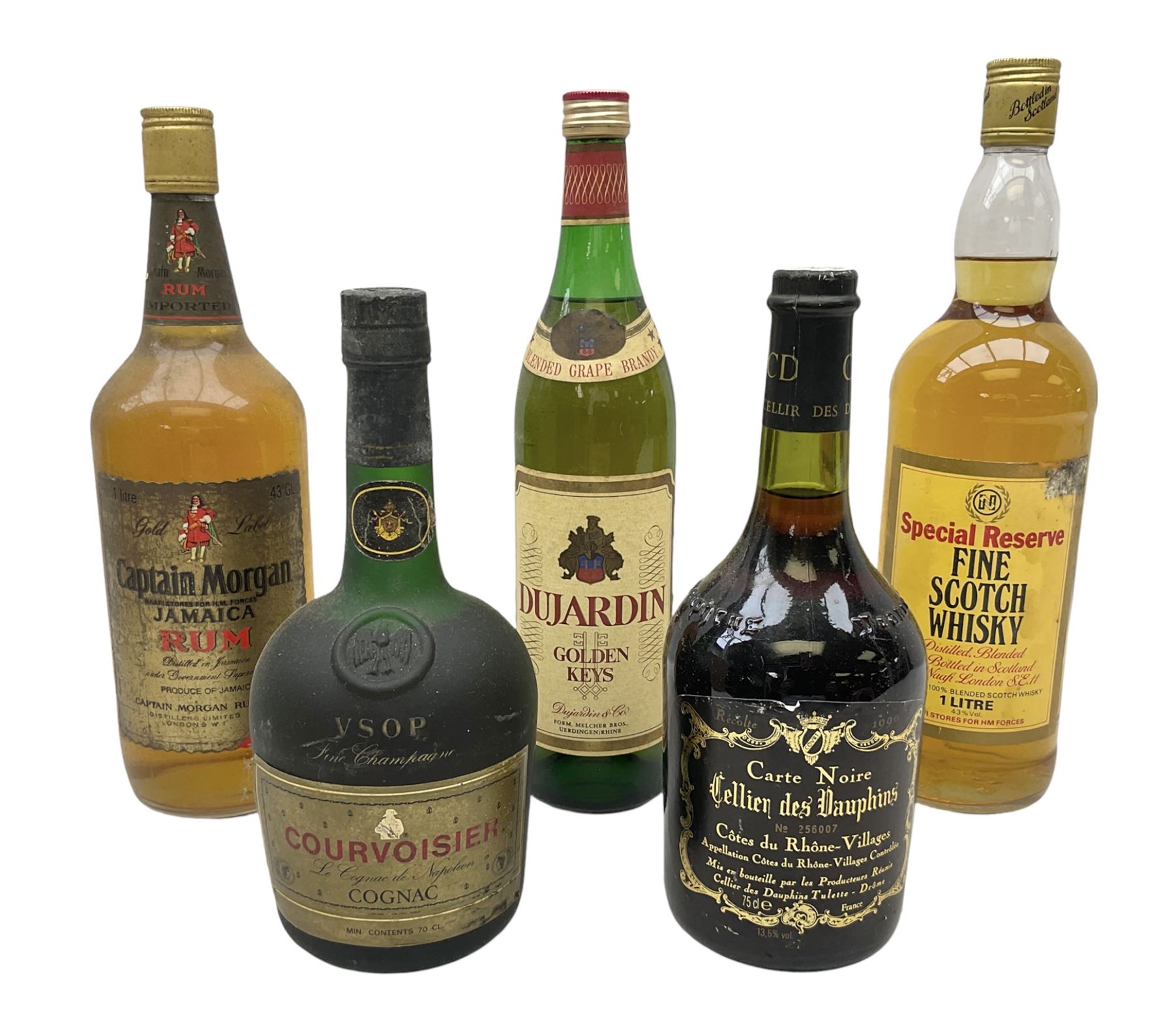 Mixed alcohol including, Carte Noire Cellien des Dauphins 1990 red wine, 75cl 13.5% vol, Dujardin Golden Keys blended grape brandy, contents and unknown proof, Special Reserve fine Scotch whisky, 1l, 43% vol and two others of various contents and proof 