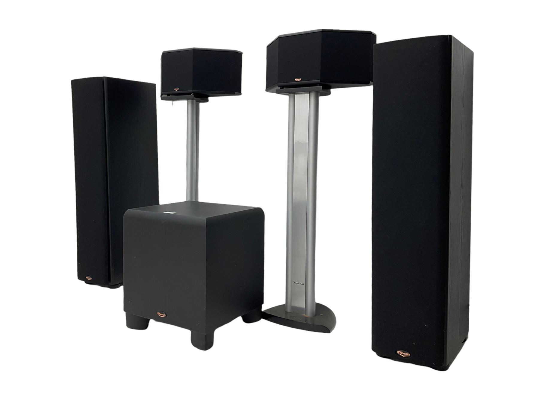 Klipsch surround sound speaker system, including two three way floor standing SF2BLK speakers, two SS1 speakers on stands, a KSW10 sub woofer, Pioneer amplifier and DVD/CD player